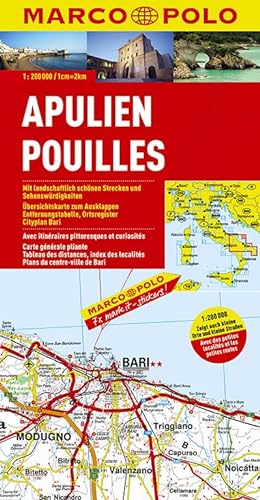 MARCO POLO Karten 1:200.000: MARCO POLO Karte Apulien: Mit landschaftlich schönen Strecken und Sehenswürdigkeiten. Übersichtskarte zum Ausklappen, Entfernungstabelle, Ortsregister, Cityplan Bari